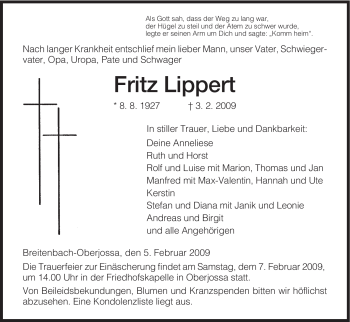 Traueranzeige von Fritz Lippert von HERSFELDER ZEITUNG