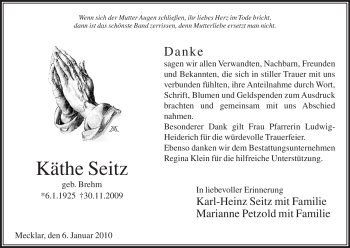 Traueranzeige von Käthe Seitz von HERSFELDER ZEITUNG