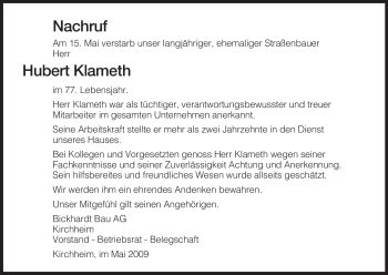 Traueranzeige von Hubert Klameth von HERSFELDER ZEITUNG