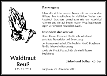 Traueranzeige von Waldtraut Reuß von HERSFELDER ZEITUNG