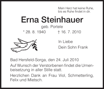 Traueranzeige von Erna Steinhauer von HERSFELDER ZEITUNG