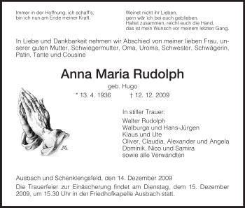 Traueranzeige von Anna Maria Rudolph von HERSFELDER ZEITUNG