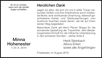 Traueranzeige von Minna Hohenester von HERSFELDER ZEITUNG