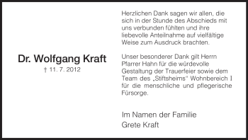 Traueranzeige von Wolfgang Kraft von HERSFELDER ZEITUNG