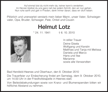 Traueranzeige von Helmut Lotz von HERSFELDER ZEITUNG