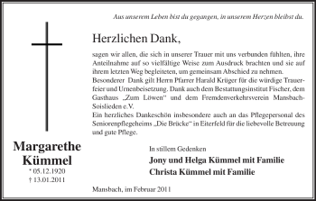 Traueranzeige von Margarethe Kümmel von HERSFELDER ZEITUNG