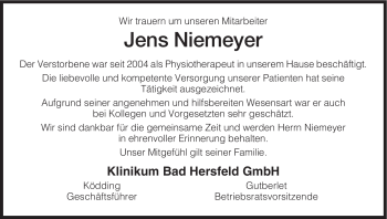 Traueranzeige von Jens Niemeyer von HERSFELDER ZEITUNG