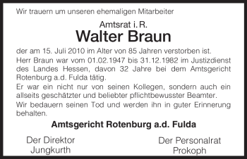 Traueranzeige von Walter Braun von HERSFELDER ZEITUNG