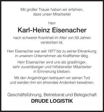 Traueranzeige von Karl-Heinz Eisenacher von HERSFELDER ZEITUNG