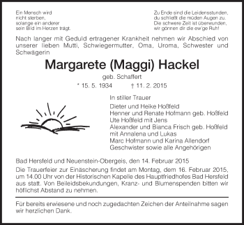 Traueranzeige von Margarete Hackel von Hersfeld