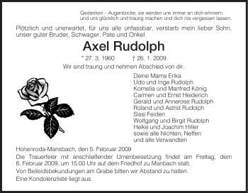 Traueranzeige von Axel Rudolph von HERSFELDER ZEITUNG