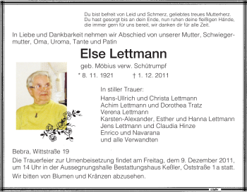 Traueranzeige von Else Lettmann von HERSFELDER ZEITUNG