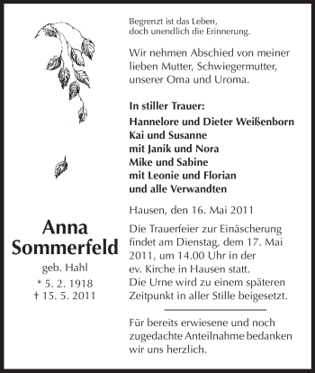 Traueranzeige von Anna Sommerfeld von HERSFELDER ZEITUNG