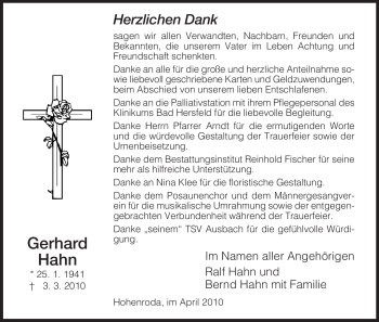 Traueranzeige von Gerhard Hahn von HERSFELDER ZEITUNG