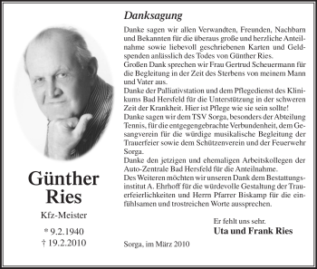 Traueranzeige von Günther Ries von HERSFELDER ZEITUNG