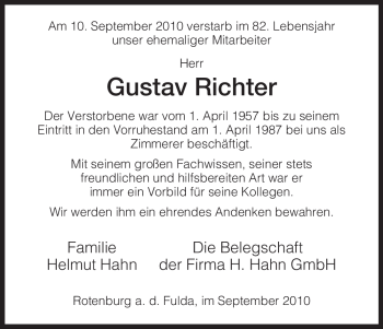 Traueranzeige von Gustav Richter von HERSFELDER ZEITUNG