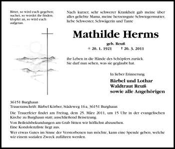 Traueranzeige von Mathilde Herms von HERSFELDER ZEITUNG