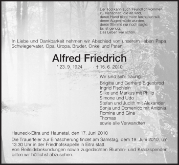 Traueranzeige von Alfred Friedrich von HERSFELDER ZEITUNG