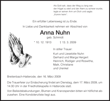 Traueranzeige von Anna Nuhn von HERSFELDER ZEITUNG