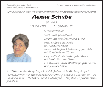 Traueranzeige von Aenne Schube von HERSFELDER ZEITUNG