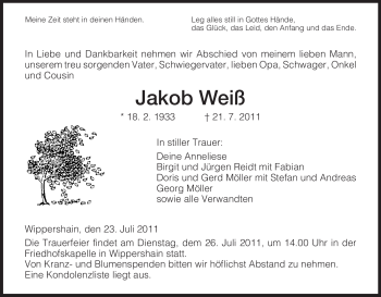 Traueranzeige von Jakob Weiß von HERSFELDER ZEITUNG