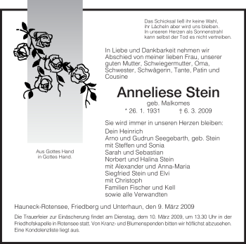 Traueranzeige von Anneliese Stein von HERSFELDER ZEITUNG