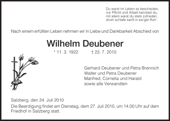 Traueranzeige von Wilhelm Deubener von HERSFELDER ZEITUNG