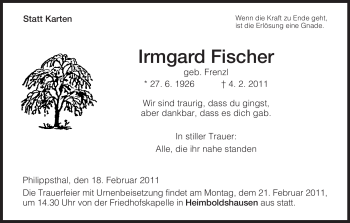 Traueranzeige von Irmgard Fischer von HERSFELDER ZEITUNG