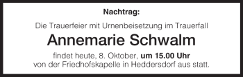 Traueranzeige von Annemarie Schwalm von HERSFELDER ZEITUNG