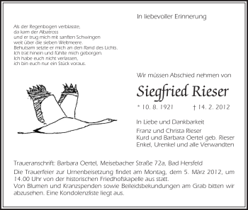 Traueranzeige von Siegfried Rieser von HERSFELDER ZEITUNG