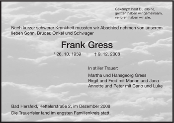 Traueranzeige von Frank Gress von HERSFELDER ZEITUNG