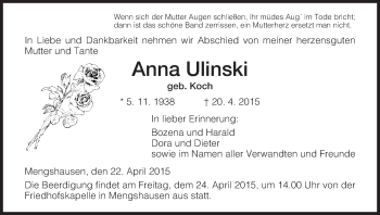 Traueranzeige von Anna Ulinski von Hersfeld