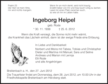 Traueranzeige von Ingeborg Heipel von HERSFELDER ZEITUNG