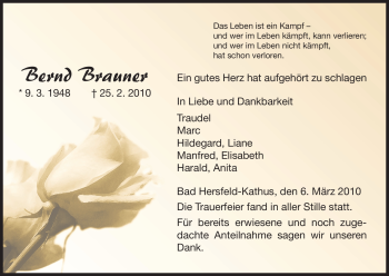 Traueranzeige von Bernd Brauner von HERSFELDER ZEITUNG