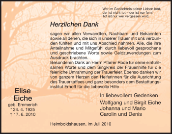 Traueranzeige von Elise Eiche von HERSFELDER ZEITUNG