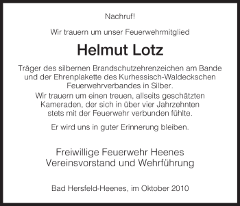 Traueranzeige von Helmut Lotz von HERSFELDER ZEITUNG