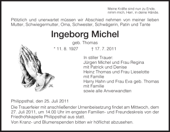Traueranzeige von Ingeborg Michel von HERSFELDER ZEITUNG