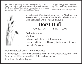 Traueranzeige von Horst Huff von HERSFELDER ZEITUNG