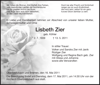 Traueranzeige von Lisbeth Zier von HERSFELDER ZEITUNG