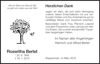 Traueranzeige von Roswitha Berlet von HERSFELDER ZEITUNG