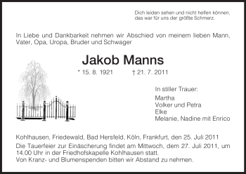 Traueranzeige von Jakob Manns von HERSFELDER ZEITUNG