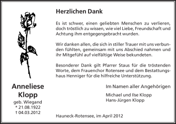 Traueranzeige von Anneliese Klopp von HERSFELDER ZEITUNG