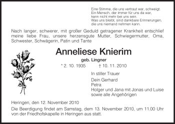 Traueranzeige von Anneliese Knierim von HERSFELDER ZEITUNG