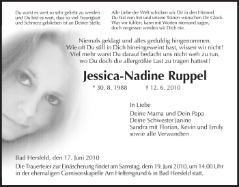 Traueranzeige von Jessica-Nadine Ruppel von HERSFELDER ZEITUNG