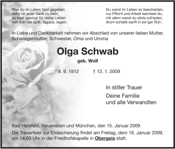 Traueranzeige von Olga Schwab von HERSFELDER ZEITUNG
