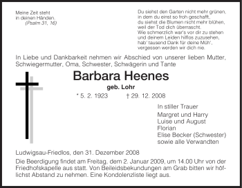 Traueranzeige von Barbara Heenes von HERSFELDER ZEITUNG