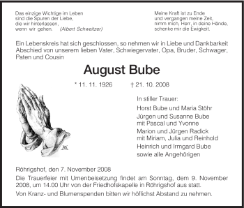 Traueranzeige von August Bube von HERSFELDER ZEITUNG