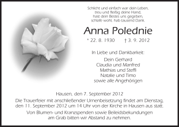 Traueranzeige von Anna Polednie von Hersfeld