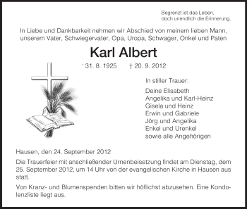 Traueranzeige von Karl Albert von Hersfeld