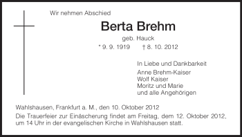 Traueranzeige von Berta Brehm von Hersfeld